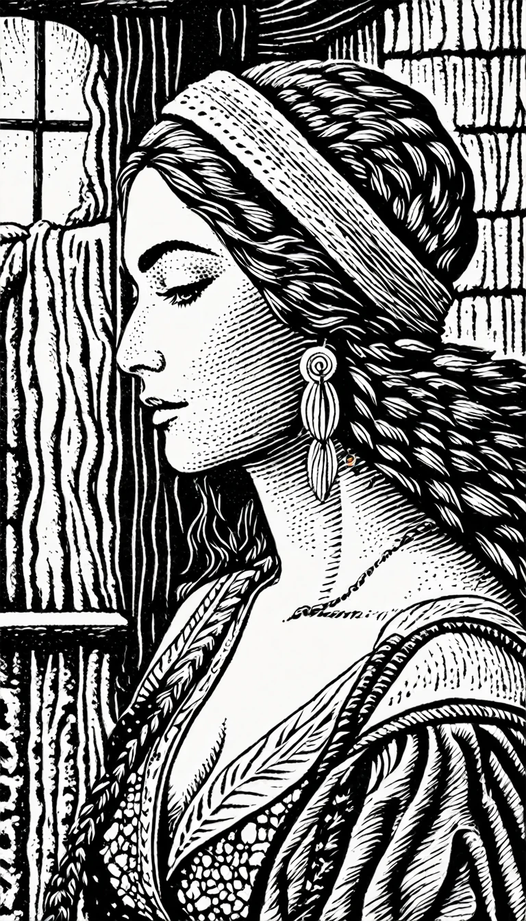 (Black and white woodcut:1.5)、(Second floor in black and white.)、foreground, dark and sinister atmosphere、profile face of a hippie woman with a headband, dressed with feather earrings,  wide, with a wool blouse,  with bare shoulders, big breasts, in a cabin full of quartz and geodes., Mysterious、