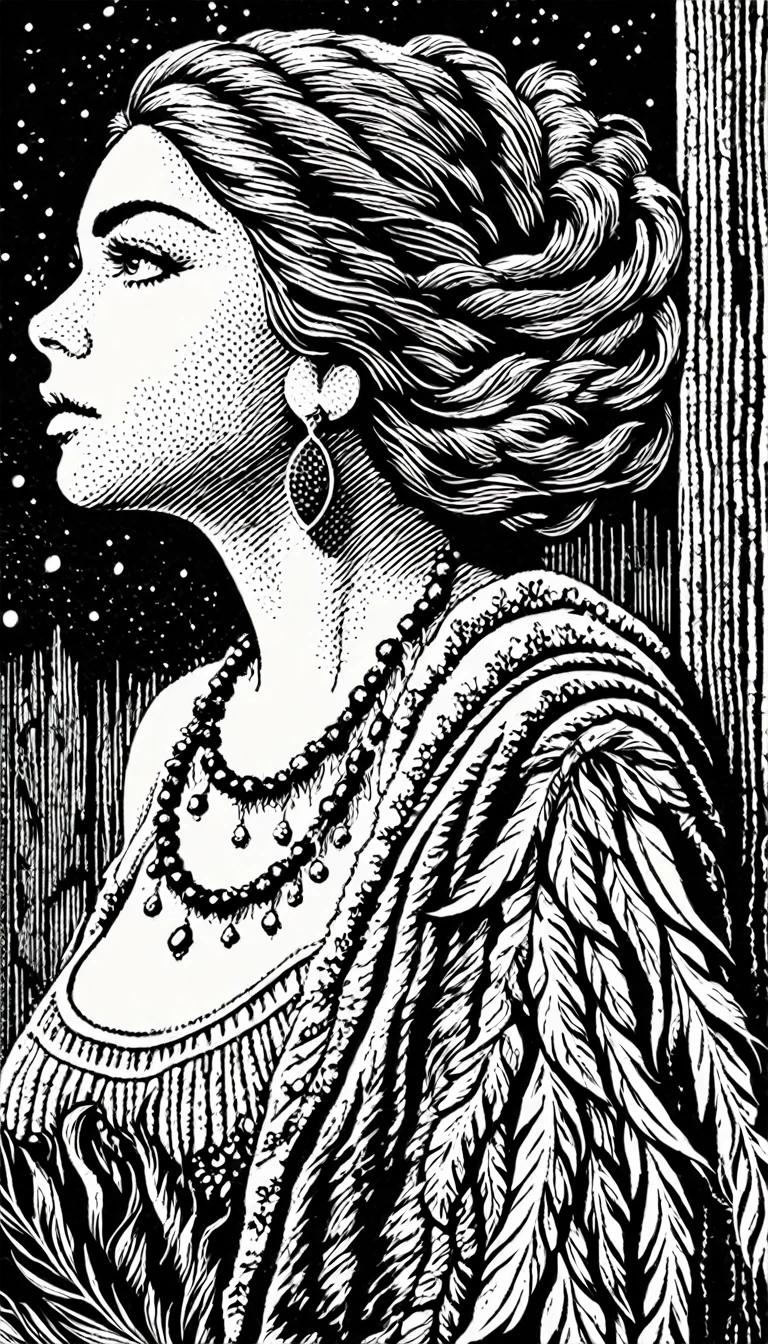 (Black and white woodcut:1.5)、(Second floor in black and white.)、foreground, dark and sinister atmosphere、profile face of a hippie woman with a headband, dressed with feather earrings,  wide, with a wool blouse,  with bare shoulders, big breasts, in a cabin full of quartz and geodes., Mysterious、