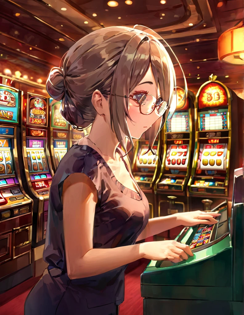 (Slot), (7), (Pachinko Parlor), (playing slot), (1 girl), (20s), (beautiful), (glasses), (multiple slot machines),(best quality:1.2),(master piece:1.2),(8k),(16k:1.2),(Illustration),(Best Quality:1.2), (Ultra-detailed:1.2),(top-quality:1.2),(masterpiece:1.2)