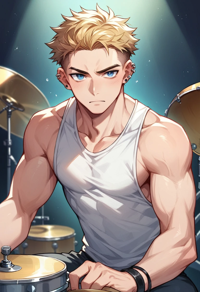 A handsome hot calm boy with blue eyes, messy blonde hair shaved on the sides, ear piercings and silver accessories, wearing tank top, playing drums, anime style