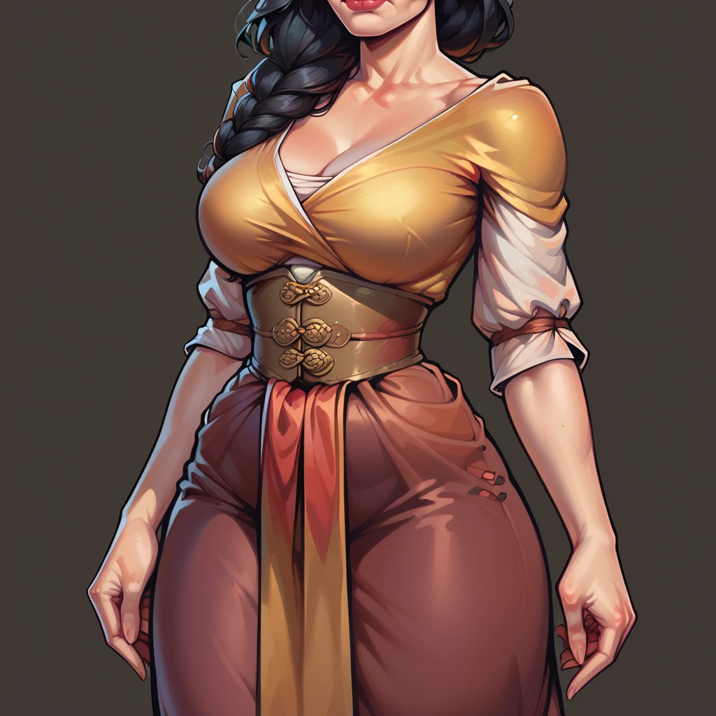 high quality, extremely detailed quality, 1woman, alone, 18 year old woman, a woman with a long black hair, straight hair, sexy face, show waist curvy body, big , medieval clothing, simple background