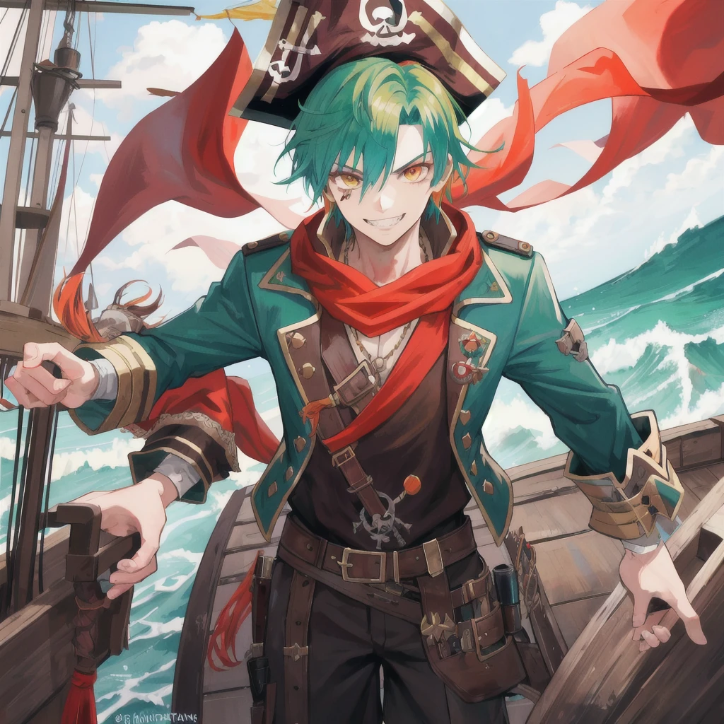 Pirate boy, aged 20, with a wide, grinning mouth revealing pointed sharped teeth, boisterously stands on the deck of a ship. His vibrant green hair is styled in a cartoonish manner, complemented by the bright orange hue of his eyes. The cheerful and striking pirate is adorned in a fitting outfit, complete with a brown pirate hat tilted slightly to one side and a red bandana tied around his neck. The overall image is of top-notch quality, showcasing every detail of the pirate's appearance and the ship's surroundings, creating a lively and captivating scene.