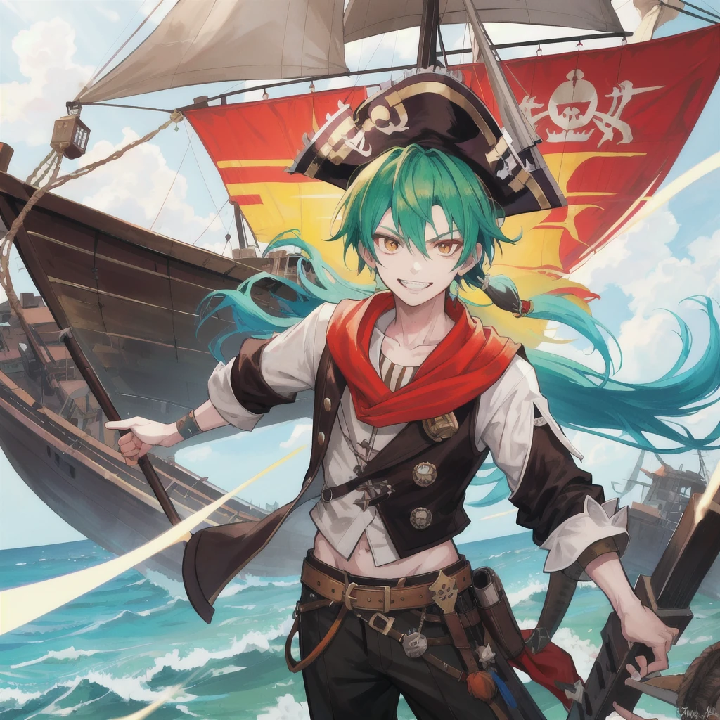 Pirate boy, aged 20, with a wide, grinning mouth revealing pointed sharped teeth, boisterously stands on the deck of a ship. His vibrant green hair is styled in a cartoonish manner, complemented by the bright orange hue of his eyes. The cheerful and striking pirate is adorned in a fitting outfit, complete with a brown pirate hat tilted slightly to one side and a red bandana tied around his neck. The overall image is of top-notch quality, showcasing every detail of the pirate's appearance and the ship's surroundings, creating a lively and captivating scene.