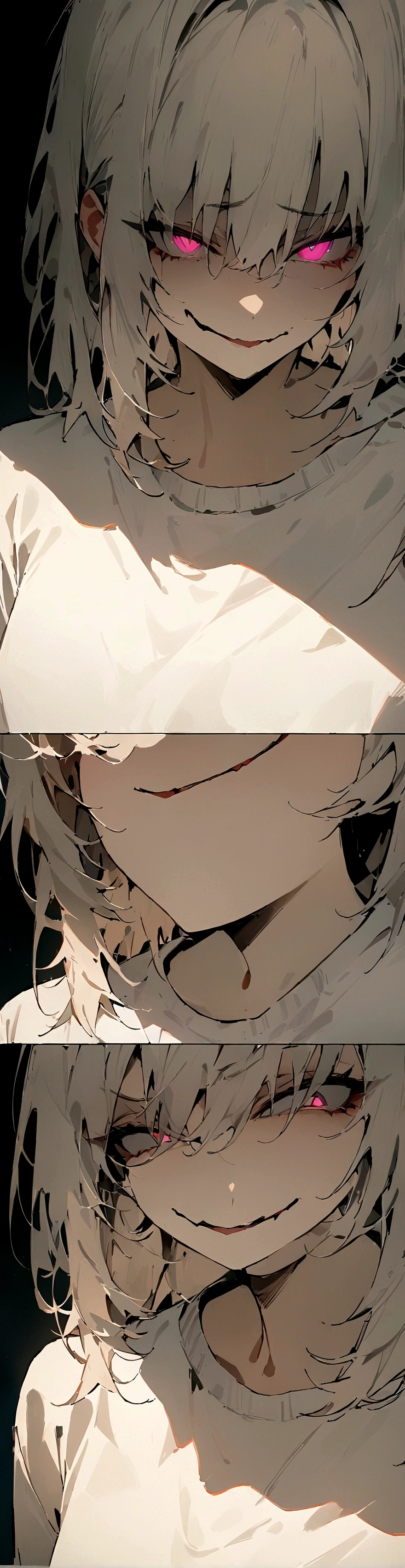 (Masterpiece:1.2, Best Quality), 1 woman, whole body, White sweater , Casual, wide, minimal makeup, , pale,Natural fabrics, closeup face, evil smile, bright eyes circular pupils,8K high resolution, detailed lines, ((whole body))