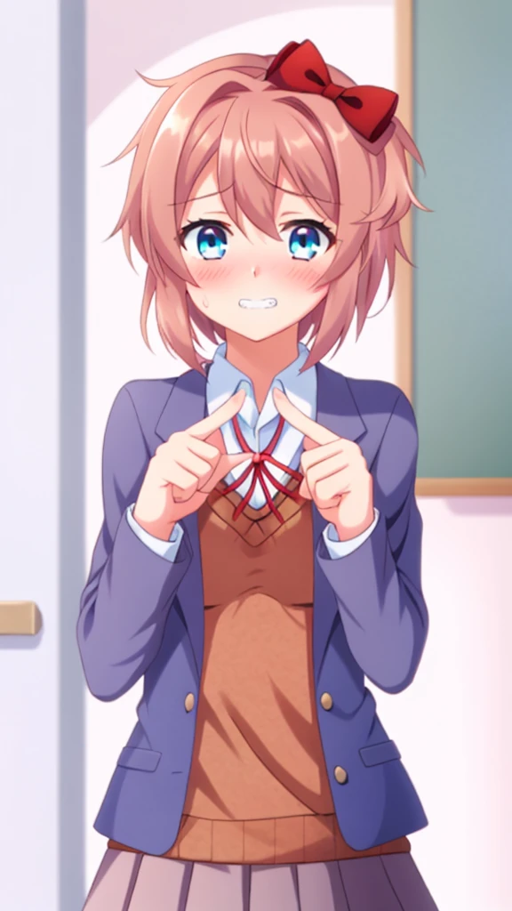 one girl, Sayori, DDLC, Doki Doki Literature Club, hair bow, school blazer, light blue eyes, index fingers together, shy, blush, smile awkwardly, feel sorry, Ehehe~, teeth, shifty eyes, girl don't look at me, girl is clumsy and make a mistake