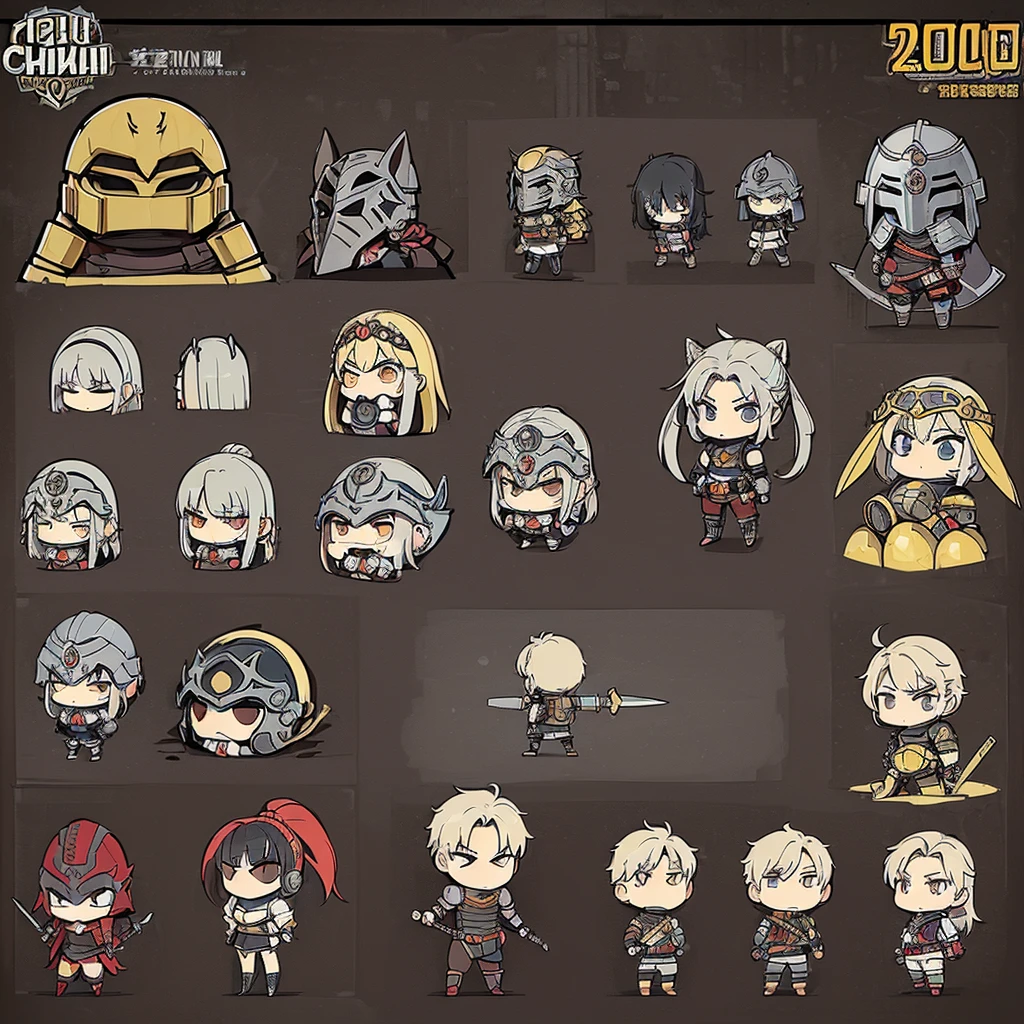 ((((Chibi Character、Character sheet 10 people))))、Highest quality, Best Quality,Best illustrations、(((Iron Mask、Iron helmet))),Medieval Armor、Medieval Knight、Full grey armor、(((20-year-old male)))、battlefield、Grab the sword、wasteland、(Fighting stance)、(((Living in the desert)))、(Simple Background)、(Mr.々Expression)