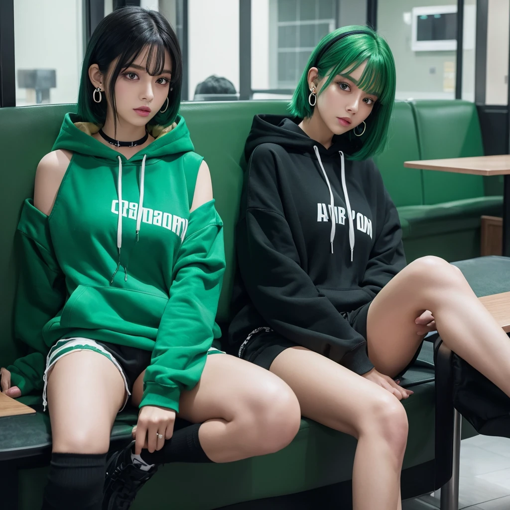 Alone woman Black and green hair color headphone choker Earrings hoodie Shorts Cafe indoor It's raining outside Detailed Background masterpiece Perfect human body Accurate human body Accurate 5-finger Exquisite High Contrast 4K Exquisite lighting and shadows Cinema Lens Effects profile