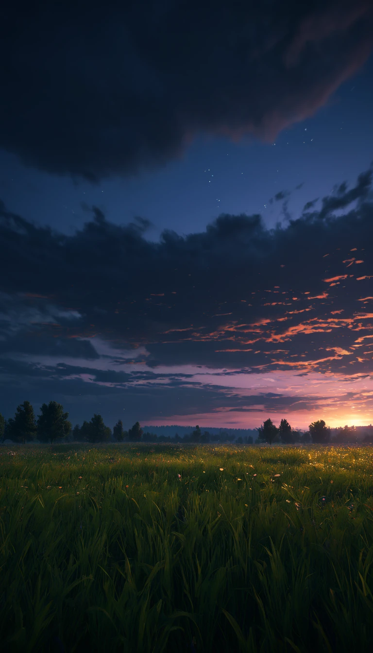 {{Masterpiece, Best Quality, Extremely detailed CG, unity wallpaper 8k, cinematic lighting}}, dark sky, meadow during sunset