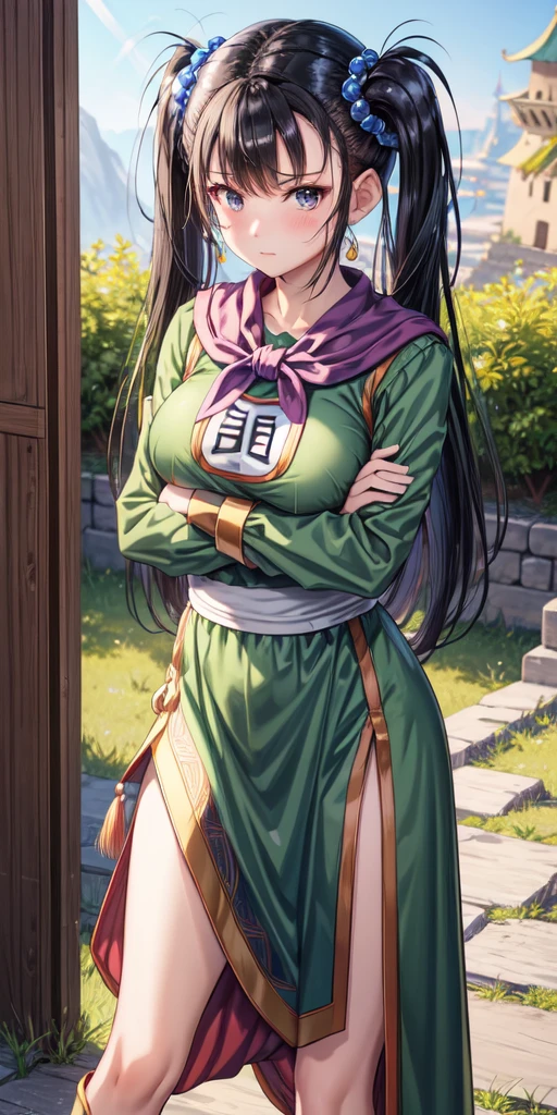 masterpiece, best quality, 4k, 8k, fighter (dq3), 1girl, solo, long hair, twintails, looking at viewer, black hair, hair ornament, long sleeves, dress, medium breasts, closed mouth, cowboy shot, black eyes, chinese clothes, hair bobbles, clenched hand, crossed arms, Feet Apart, Ancient Castle