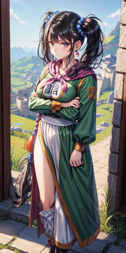 masterpiece, best quality, 4k, 8k, fighter (dq3), 1girl, solo, long hair, twintails, looking at viewer, black hair, hair ornament, long sleeves, dress, medium breasts, closed mouth, cowboy shot, black eyes, chinese clothes, hair bobbles, clenched hand, crossed arms, Feet Apart, Ancient Castle