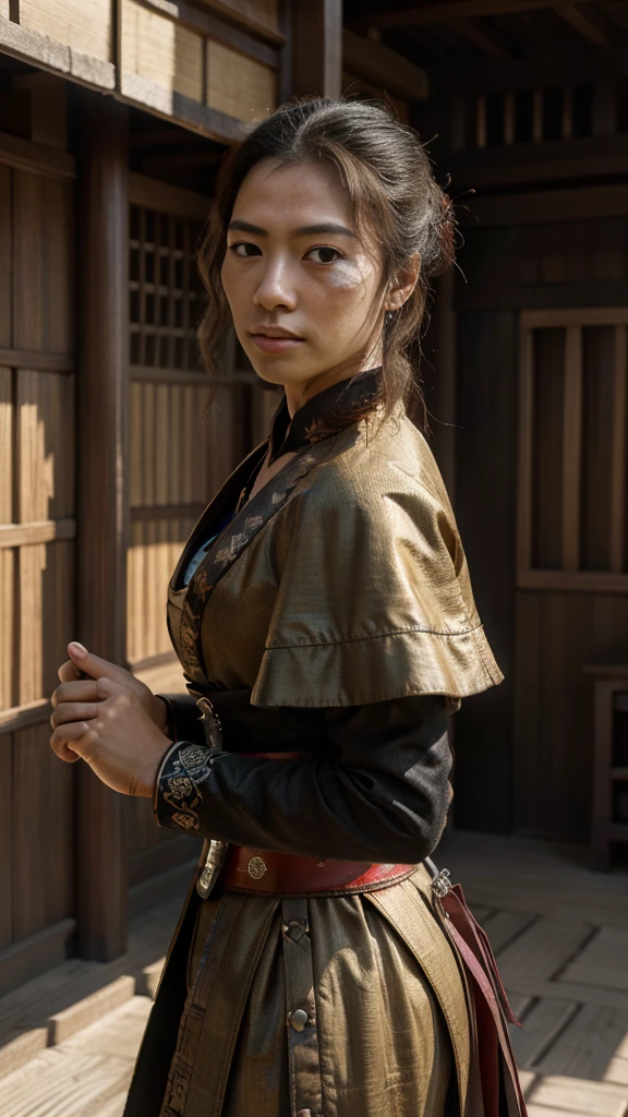 award winning portrait of beautifull Chinese samurai woman, dynamic roaring and fighting pose,
natural skin texture, brown eyes, medieval east asian dress, cowboy shot,
contrasting background, east asian architecture, dynamic angle, RAW,
Nikon Z 14mm ultra-wide angle lens, 8k, hdr, dslr, best quality, masterpiece, realistic, radiant light rays, high-res,
sharp focus, smooth, aesthetic, extremely octane render, photorealistic,
realistic shadows, roughness, stunning, rembrant light, intricate details, depth of field