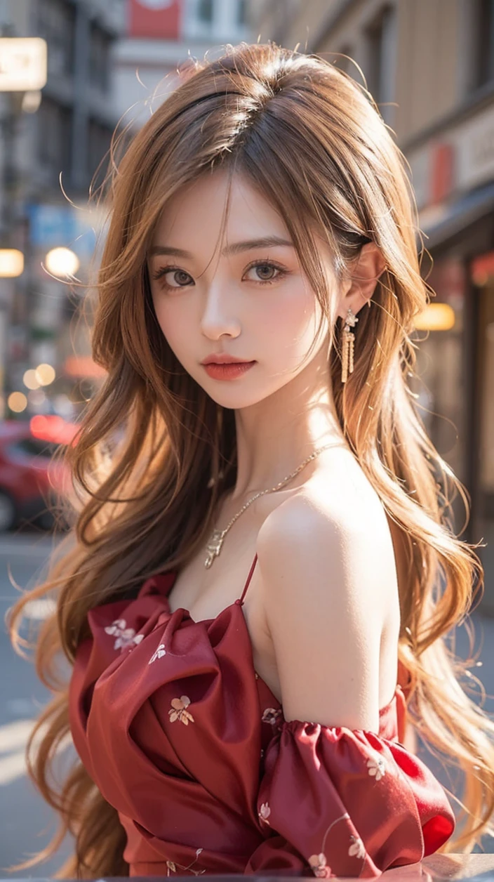 Beautiful Japanese Waifu, early 30s, brunette hair, red silk dress, earrings, necklaces, in a shipping street