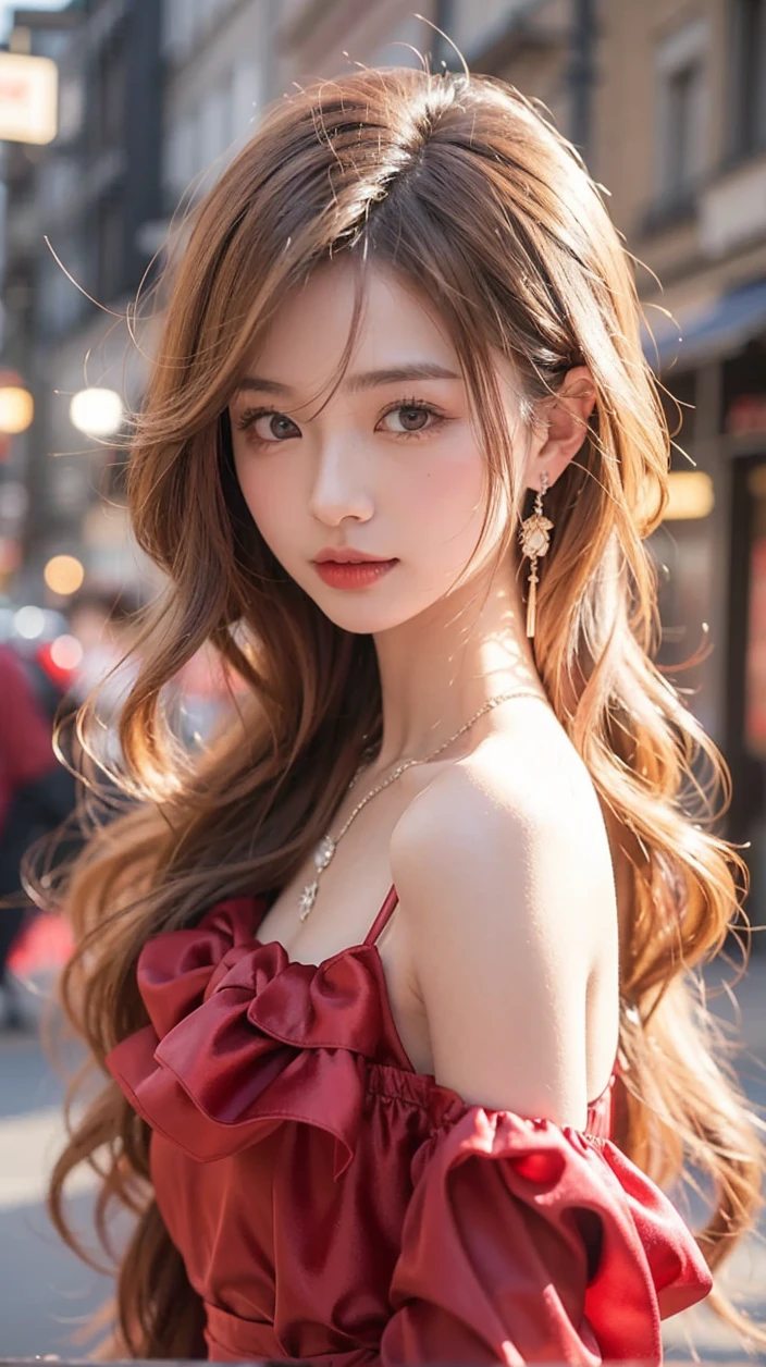 Beautiful Japanese Waifu, early 30s, brunette hair, red silk dress, earrings, necklaces, in a shipping street