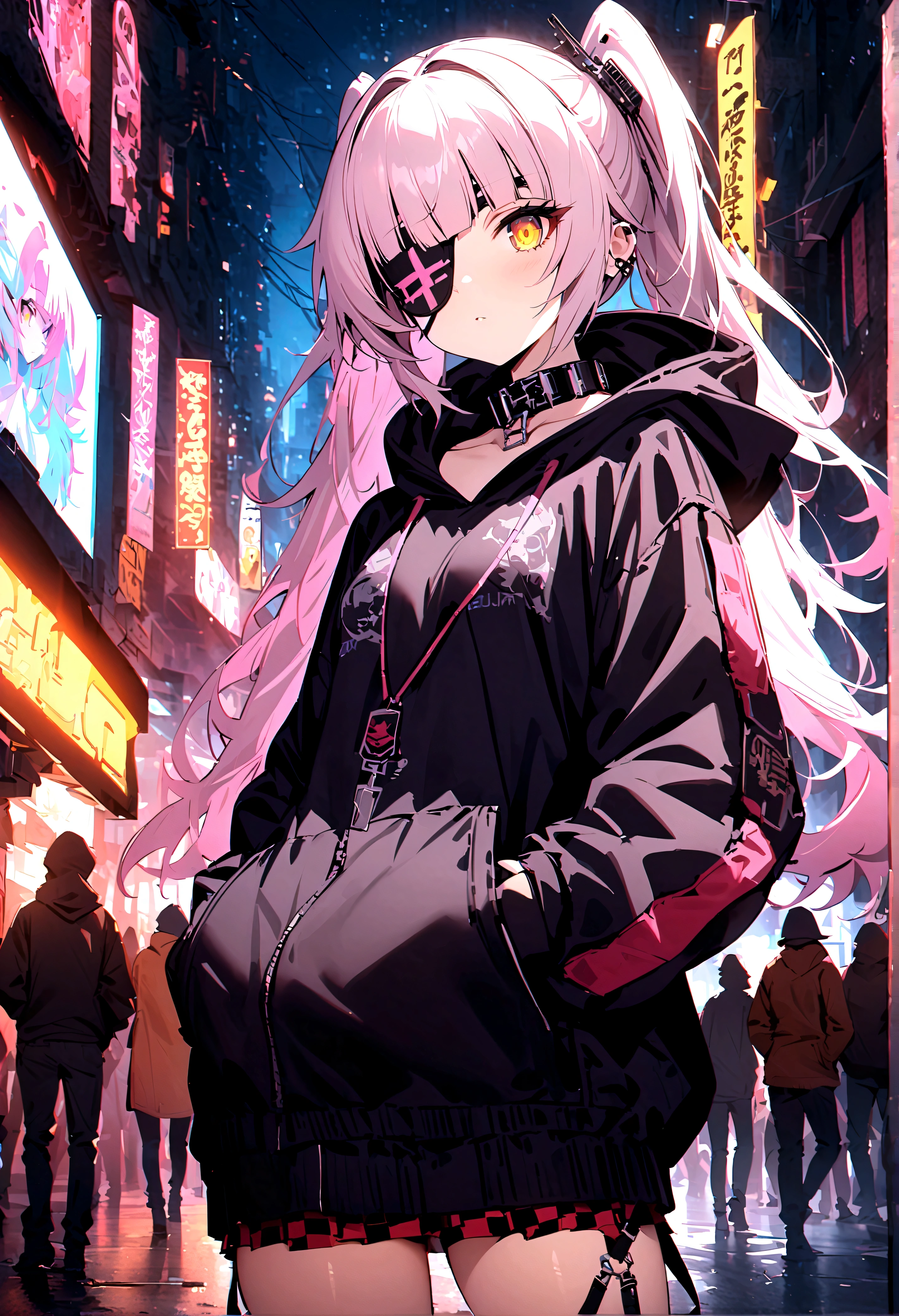 z47_\(azure_lane\),Twin tails, hair ornaments, Yellow Eyes, Pink Hair, Eye patch, Black hoodie, Checkered Skirt, Animal Collars, Hood down, clavicle, night, cyber punk, crowd, street, solo, Neon sign, Hands in pockets, masterpiece, Highest quality, very beautiful, Absurd,