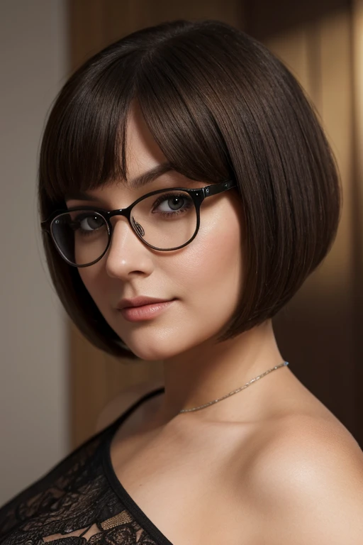 velmadinkley, glasses, bobcut hair, mature female, Chubby, Plump, (intricate details), perfect eyes, perfect face, perfect lighting, beautiful, (masterpiece:1.2), (best quality:1.2),  (upper body view, woman), (masterpiece, best quality, highly detailed, highres, 4K, 8K), fFaceDetail, woman, chubby, luxury woman, busty woman,  mole on face,  woman, photorealistic, photorealism, 