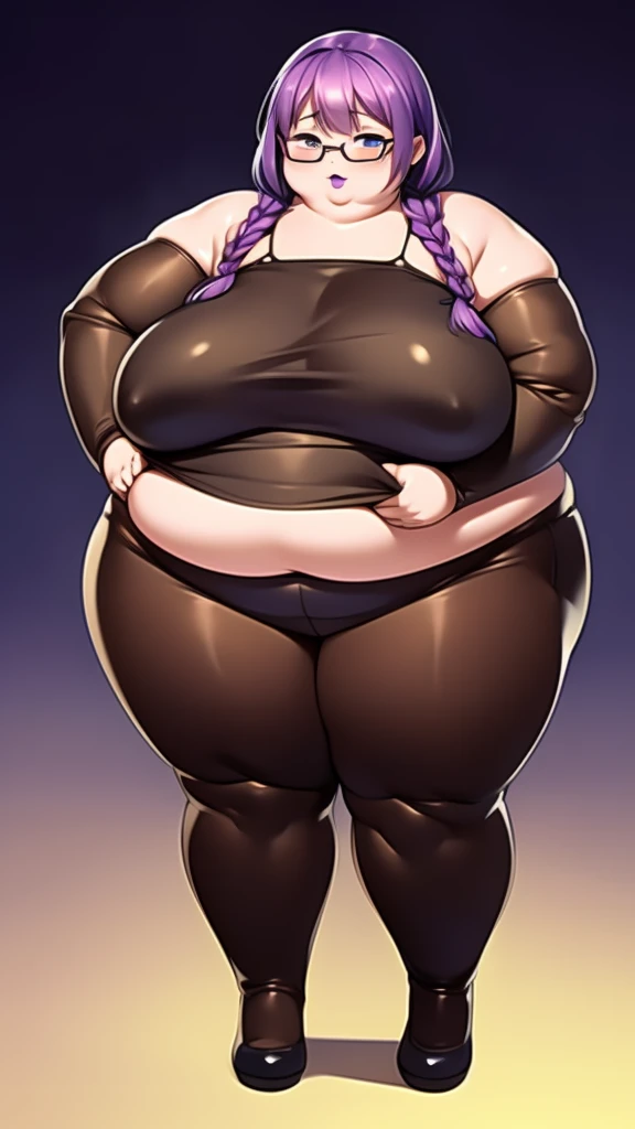 Anime Women, Adult female、Detailed face、amount、amount、Braided Pigtails、Purple Hair、Long Hair、Glasses、Sharp eyes、Thick lips、Purple Lipstick、Painted lips、Very fat、Chubby、obesity、obesity体、Double chin、Cheek、Thick neck、Big Breasts、Saggy breasts、Thick upper arms、Thick arms、thick fingers、Fat belly、Flabby belly、Flabby bellyの脂肪、Thick legs、Big Ass、Brown bodysuit、Full body tights、Standing with your legs apart