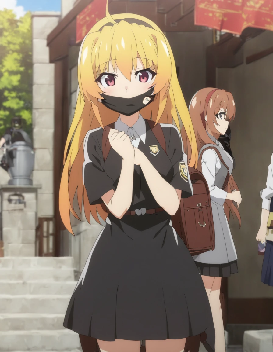 anime girl with a backpack and a mask on her face, anime moe artstyle, cute anime waifu in a nice dress, anime visual of a cute girl, beautiful anime high school girl, anime girl with long hair, high quality anime artstyle, from girls frontline, anime style 4 k, young anime girl, anime girl wearing a black dress, kantai collection style