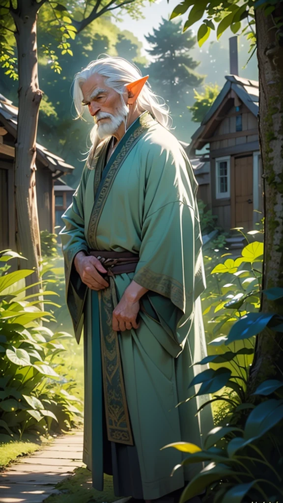 A wise old elf man with silver hair, green eyes, and a long green robe, stands in a small, picturesque elven village with wooden houses and lush greenery.
The old elf man looks serene and thoughtful.
The scene is set at sunrise, with soft light filtering through the trees.