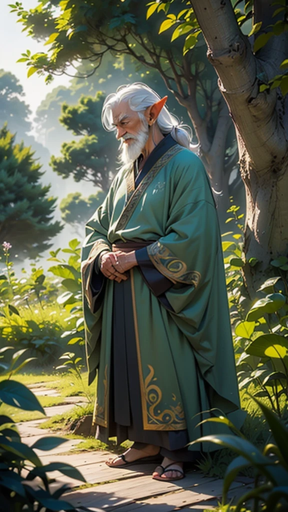 A wise old elf man with silver hair, green eyes, and a long green robe, stands in a small, picturesque elven village with wooden houses and lush greenery.
The old elf man looks serene and thoughtful.
The scene is set at sunrise, with soft light filtering through the trees.