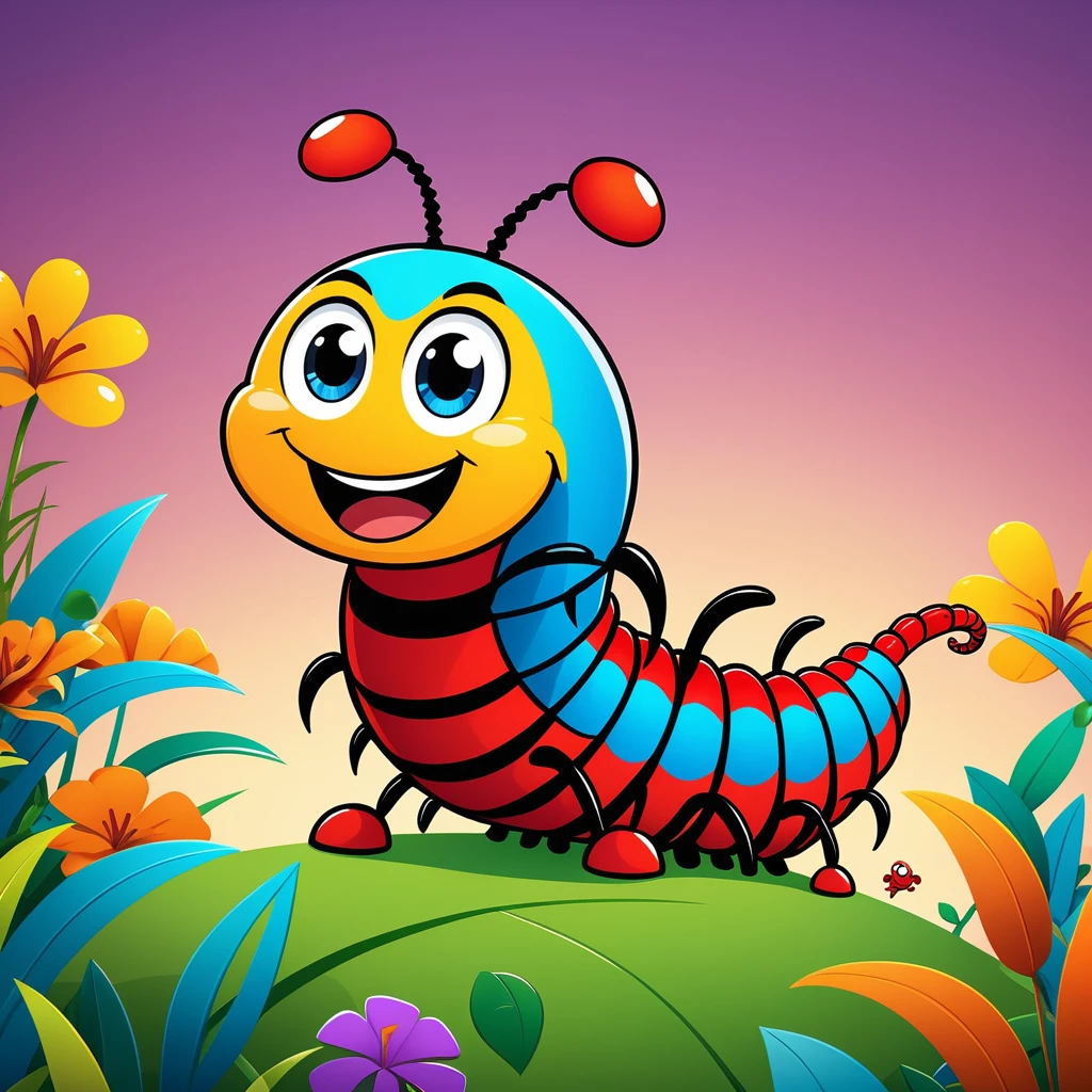 Create a 4K wallpaper with a cartoon centipede depicting a happy expression, surrounded by relevant elements and set against a suitable background.