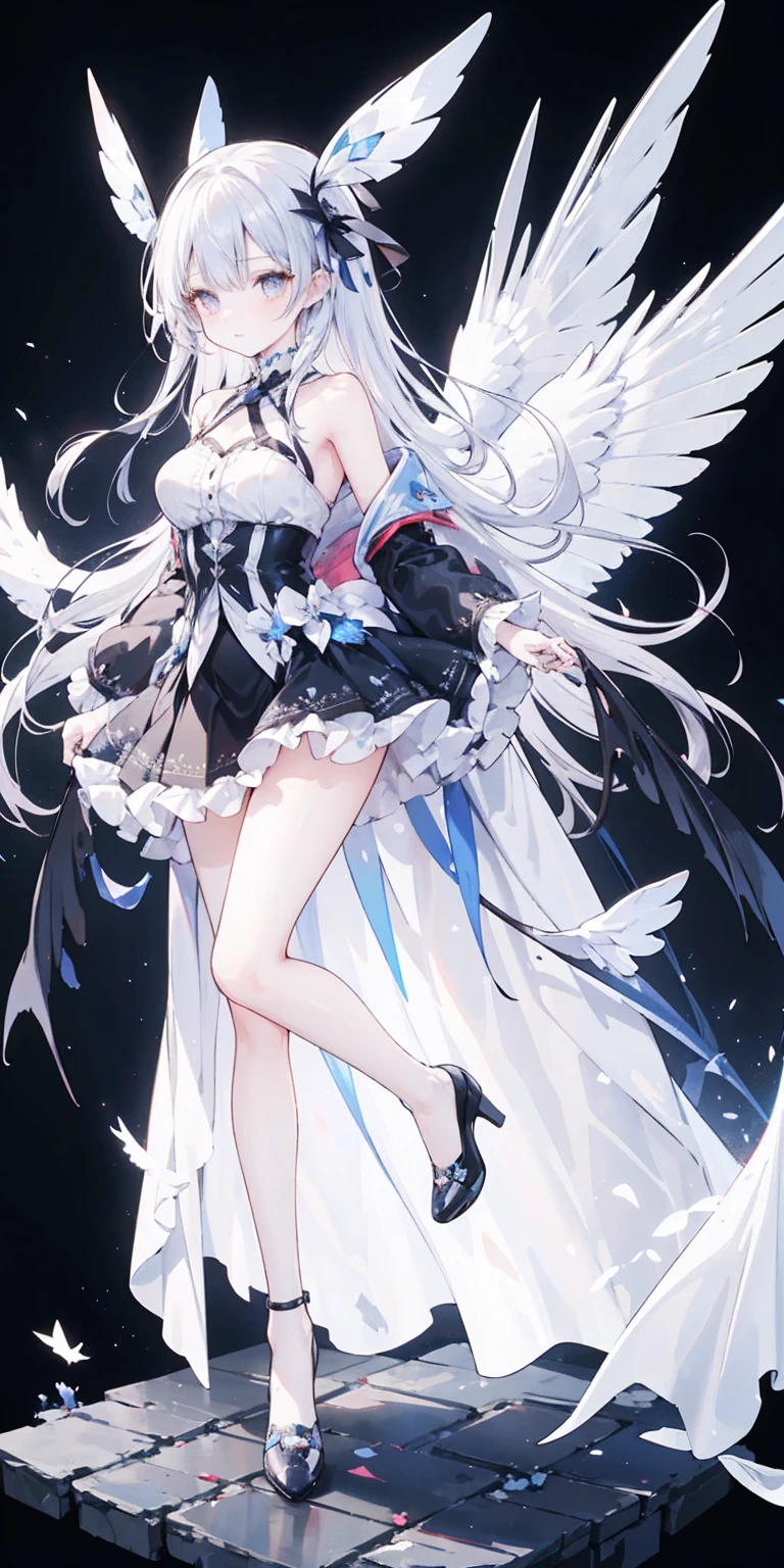 Oil painting frame,Big Perspective,Wide Angle,Impactful graphics,floating,sideways,Character Close-up,4K,masterpiece,best quality,ruins,(Transparent skirt,black background),Clear,master,Various actions,Full body portrait,portrait,1 female, (Mature),Long face,Pointed face,White long hair,Fairy,gemstone crow,Wings Dress, Mecha,Fairy air,ribbon, diamond, Bare shoulders, crow, Looking at the audience, in the sky, fLight, Vibrant colors, Light, masterpiece, best quality, flight,Mature,asymmetrical clothes,HighLights,Long skirt,Own,Personal Photography