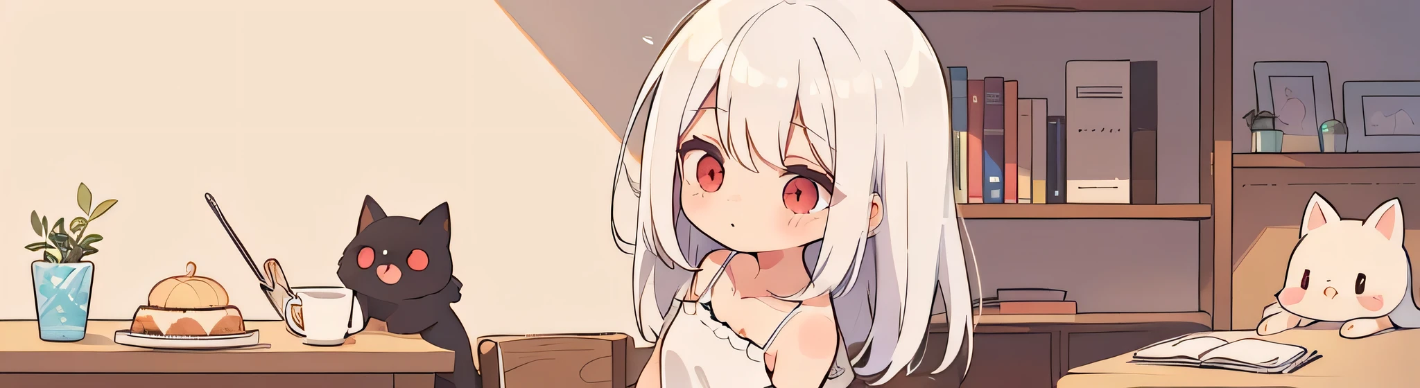 ((((1girl:1.5)))), white hair, red eyes, long hair, (collarbone:1.4), (2d, chibi, cute, cute, small , big eyes), skin color white, think about something, background/(in the room ,modern girl&#39;s room, bed, Soft mood lighting), ((((a single rose))))