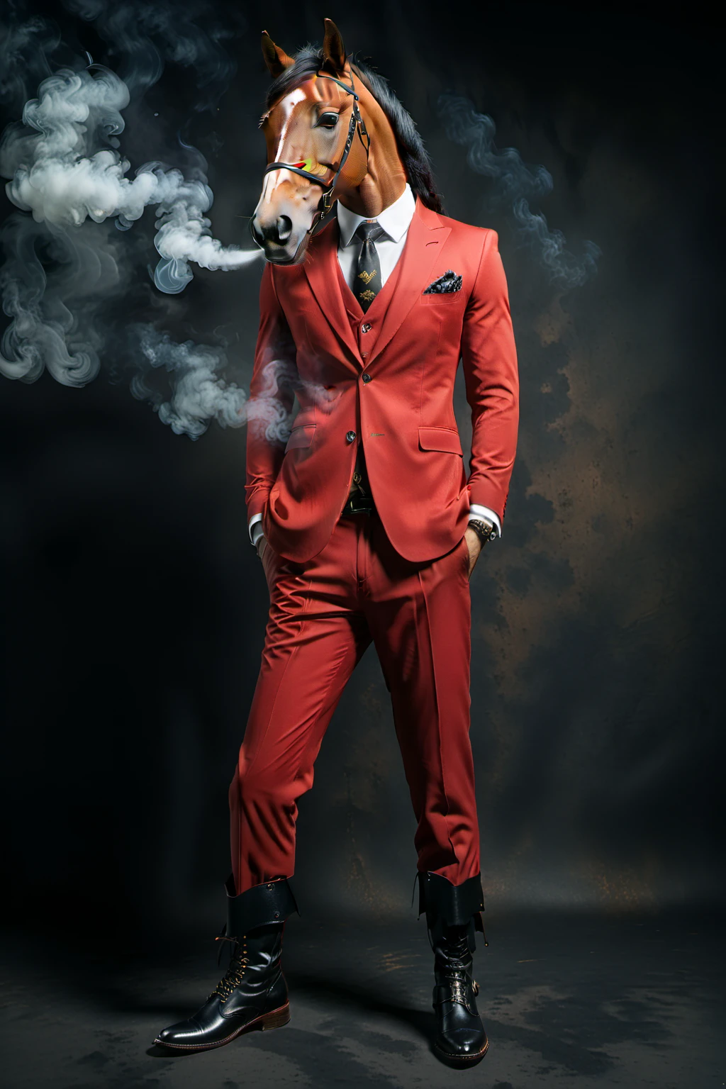 All-red single-breasted suit。The trousers and shoes are also red.。A beautiful and elegant pose of an anthropomorphized horse facing forward
So you can edit it later、頭上に空白をあける All-red single-breasted suit
靴も赤を着た擬人化した白いウマが美しく上品な立ちポーズ 赤色の背景に怪しげな煙
それを貫く怪しげな赤色の光 キャラクターにも光がさしはっきり見える この構図の画像を以下のルールで作成する。
High resolution textures、Texture、Realなディテール、 The background is dark、Mysterious and、There is a good atmosphere、Dramatic lighting High contrast images、Extremely high resolution to create realistic card game patterns。 The design will be surrounded by a border、80 from the center of the space so that the character is not hidden%Please。 Use indirect lighting and textured backgrounds。 Make the central character stand out。 Full body portrait、Dynamic pose。 にかくテクスチャがRealで細かいファッションの服。 Fashionable sneakers、boots、Sandals、hat、Smoke Accessories Necklace、Earrings、ring、bandana car、bike、Tattoos etc.、Choose according to your outfit and mood。 Real、8K (masterpiece、Highest quality、high detail、超Real:1.2)、 Anthropomorphic animals、Full body portrait (Photorealistic:1.4), Cinematic lighting, 8K UHD、 Professional Photography、 (詳細な毛皮のTexture:1.3), Expressive eyes、 Designer clothing、Luxury Brands、 (Perfect tailoring:1.2), High Fashion Accessories、 Moody atmosphere、Dramatic Shadows、 High contrast lighting、Depth of written boundary、 Film Grain、Color Grading、 (Color Palette:1.3)、(Calm earth colors:1.2)、 (Rich Brown:1.1)、(Deep Gray:1.1)、(subtle gold accents:1.0)、 (warm color:1.1)、(Color harmony:1.2)、 (Soft diffused lighting:1.2)、(Rim lighting:1.1)、 (Volumetric Lighting:1.0), (Ambient Occlusion:1.1)