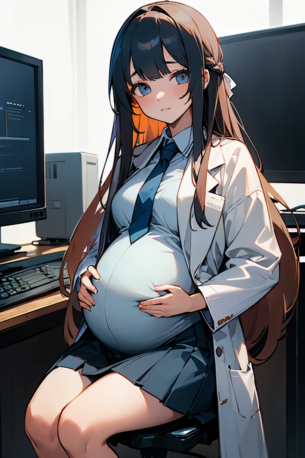 (high quality), 1girl, young girl, long hair, two tone hair, (pregnant), lab coat, uniform, ribbon tie, skirt, sit down, computer, workshop background (comfortable expressions, detailed eyes, facing at front)