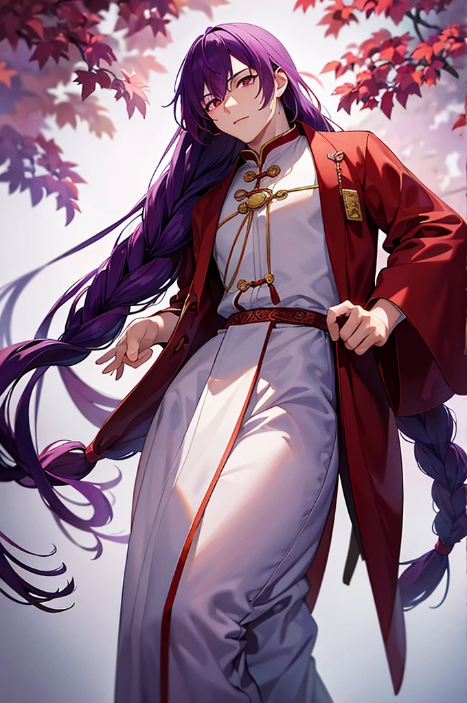 Purple Hair、Red eyes、White background、Anime characters、Knot、Braid、A man wearing Chinese clothing、Tang Suit、A young man with a determined look、Man standing facing forward、Adult male