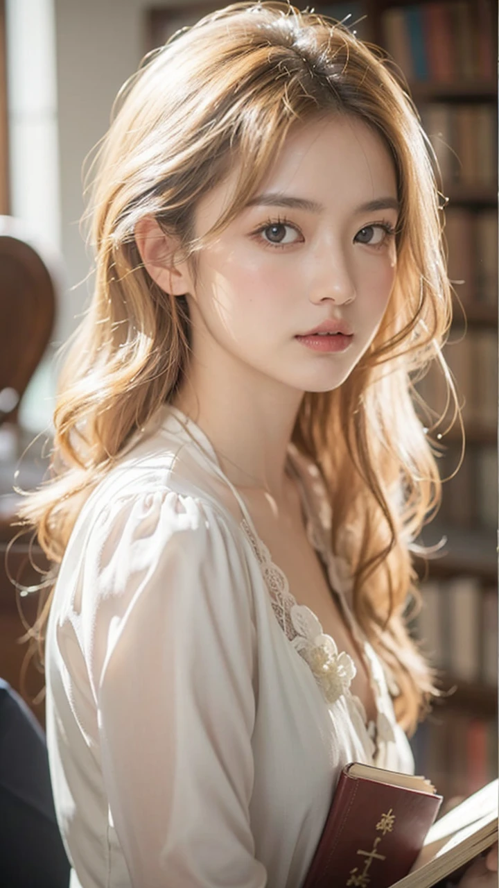 Beautiful Japanese Waifu, early 30s, brunette hair, white silk dress, holding books, in a library