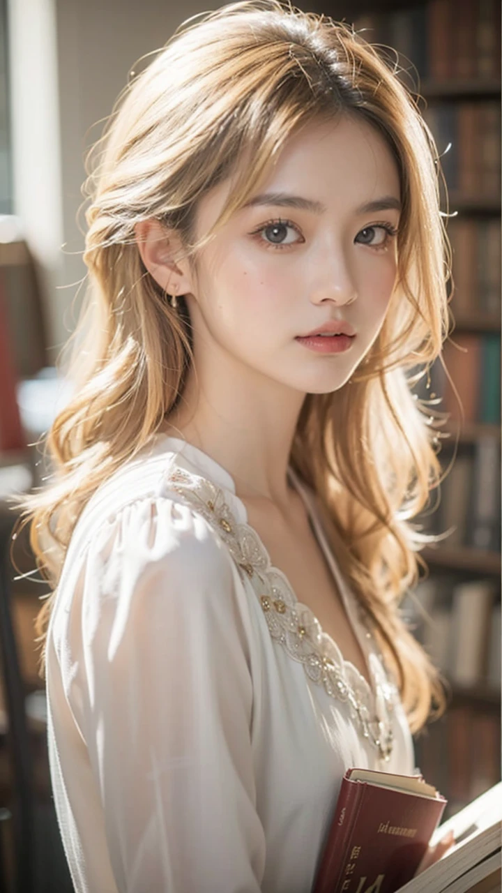 Beautiful Japanese Waifu, early 30s, brunette hair, white silk dress, holding books, in a library 