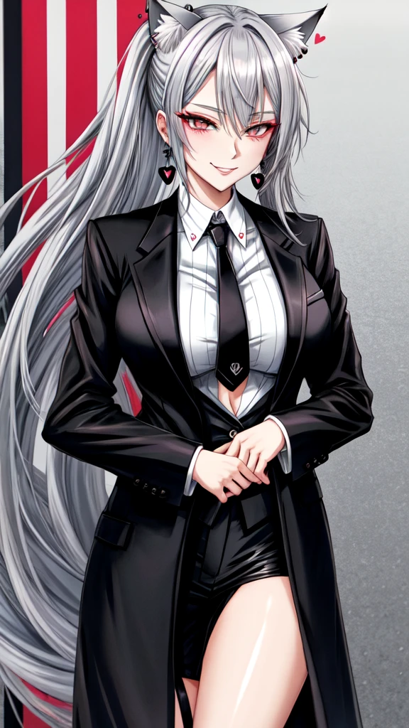 Anime female, grey hair, black yakuza covered suits with paint, cigarettes, earrings, cat ears, heart eyes, smirking, no revealing clothes