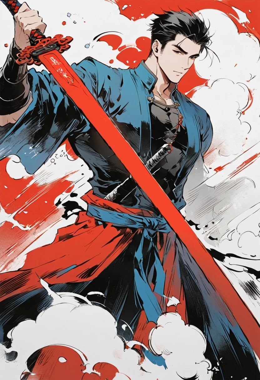 Chinese swordsman,Male swordsman,muscular,short hair,Handsome,Simple lines,Abstract Art,Holding a red long sword,
