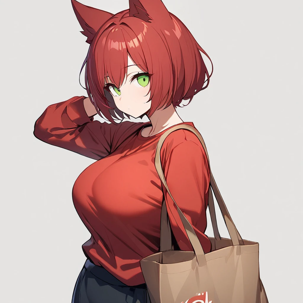 1girl,solo,red hair color,wolf cut hair(short),wolf ears,green eyes,slanted eyes,super huge breasts,slender,red shirt,long sleeves,tote bag,expressionless,looking at viewer,near,beautiful person ,cool,standing up,white background