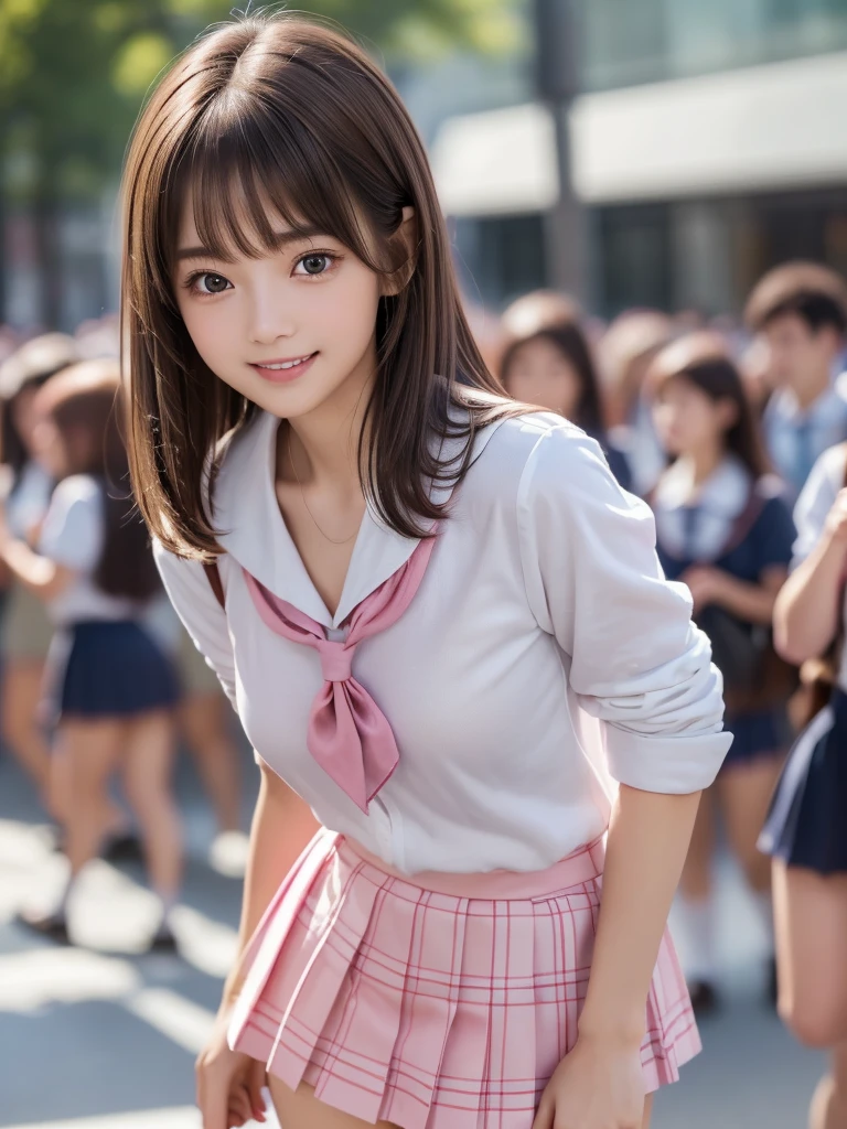 (8K, RAW Photos, Highest quality, masterpiece:1.2), (Realistic, photo-Realistic:1.4), (extremely detailed 8K wallpaper), ((Full Body Shot)), (((1 girl))), Sharp focus, Depth of written boundary, Cinematic lighting, Soft Light, (緻密な美しさのeye, eye_Chan, Very beautiful 17 year old girl, innocent big eyes, Realistic, photo Realistic, Highly detailed cute girl, (Thin thighs), (Model Body Type), (Brown Hair), (Medium Bob Hair), (Asymmetrical bangs), ((A happy smile)), Glowing Skin, Ultra-dense skin ,High resolution, High Detail, Detailed hairstyle, Detailed facial beauty, hyper Realistic, Perfect limbs, Perfect Anatomy, Perfect female body, (school uniform:1.3),(Mini Skirt Pink Checkered Micro Mini Skirt), Watching the audience, (Crowded city street:1.3)
