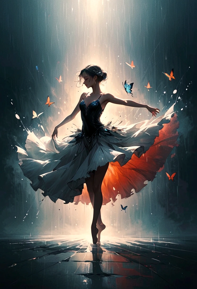 ,The soul dancer dancing alone in the rain，Barefoot，Loose and worn clothes，Professional ballet movements，Fingertips 1 butterfly，Very contagious，Splash，Light and Shadow，Minimalism，artistic conception，Clean background