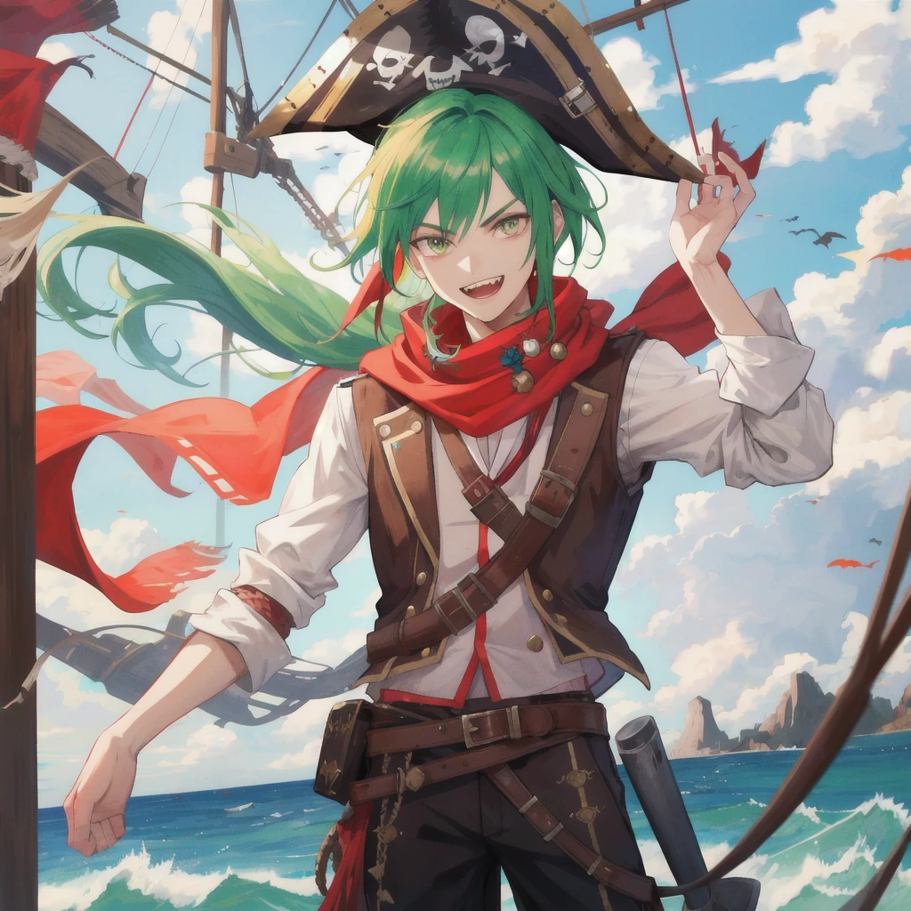 Pirate boy, approximately 20 years old, sports a wide, grinning face with sharply pointed teeth, his green hair flowing in the wind. His eyes sparkle with an infectious cheerfulness, tinted orange from years spent at sea. Standing confidently on the deck of a ship, he dons a typical pirate outfit, complete with a brown pirate hat and a red bandana tied around his neck in a stylish cartoon fashion. The image is rendered in the best quality, capturing every detail of his vibrant attire against the backdrop of a vast, open sea.