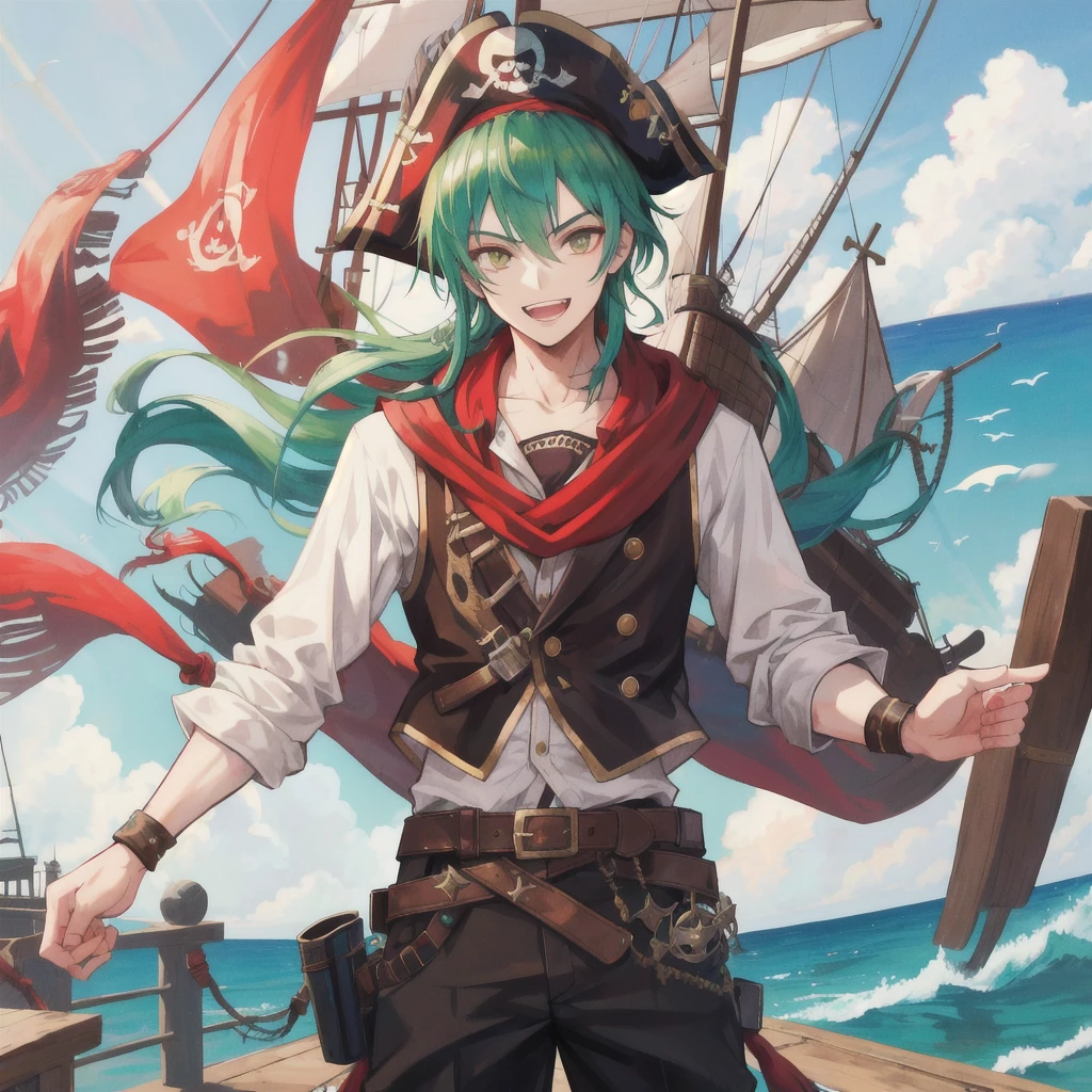 Pirate boy, approximately 20 years old, sports a wide, grinning face with sharply pointed teeth, his green hair flowing in the wind. His eyes sparkle with an infectious cheerfulness, tinted orange from years spent at sea. Standing confidently on the deck of a ship, he dons a typical pirate outfit, complete with a brown pirate hat and a red bandana tied around his neck in a stylish cartoon fashion. The image is rendered in the best quality, capturing every detail of his vibrant attire against the backdrop of a vast, open sea.