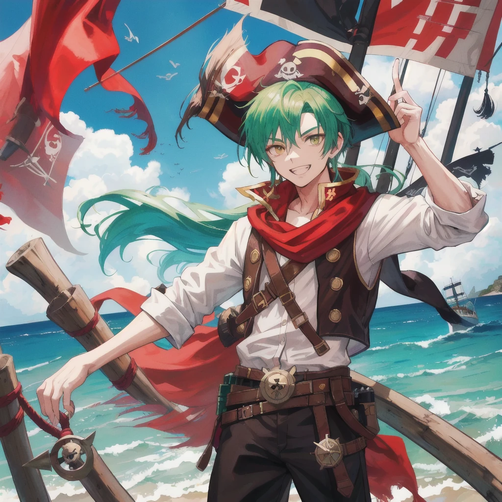 Pirate boy, approximately 20 years old, sports a wide, grinning face with sharply pointed teeth, his green hair flowing in the wind. His eyes sparkle with an infectious cheerfulness, tinted orange from years spent at sea. Standing confidently on the deck of a ship, he dons a typical pirate outfit, complete with a brown pirate hat and a red bandana tied around his neck in a stylish cartoon fashion. The image is rendered in the best quality, capturing every detail of his vibrant attire against the backdrop of a vast, open sea.
