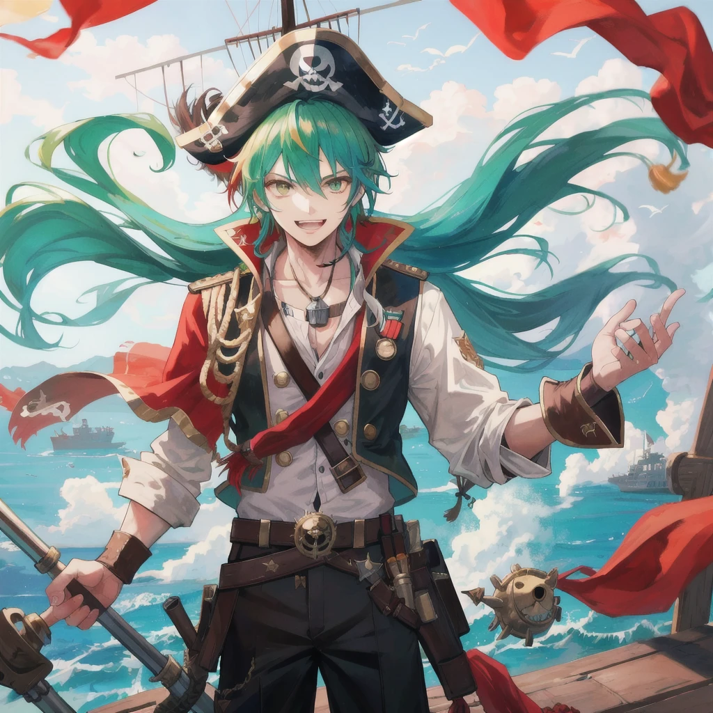 Pirate boy, approximately 20 years old, sports a wide, grinning face with sharply pointed teeth, his green hair flowing in the wind. His eyes sparkle with an infectious cheerfulness, tinted orange from years spent at sea. Standing confidently on the deck of a ship, he dons a typical pirate outfit, complete with a brown pirate hat and a red bandana tied around his neck in a stylish cartoon fashion. The image is rendered in the best quality, capturing every detail of his vibrant attire against the backdrop of a vast, open sea.