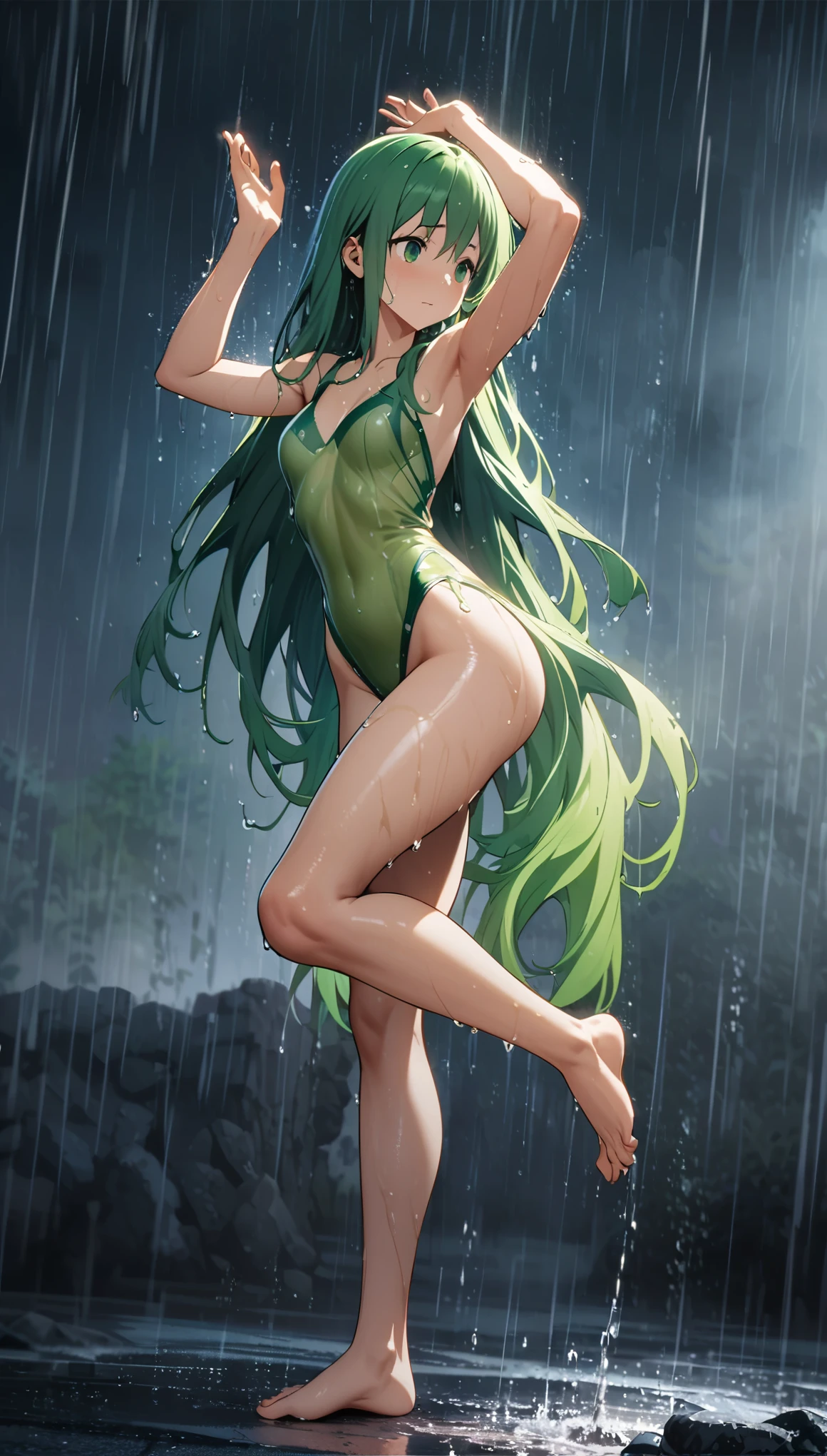 Long-haired girl dancing swan dance in the rain，Wet，Barefoot，High Leg Raise，Full body portrait，High Saturation，CG Art， Makoto Shinkai&#39;s photo, pure, Concept Art, Lofi Art style，Shinkai Makoto animation art style, Lofi Art, Beautiful anime scene, Anime Landscape, Detailed scenery, Makoto Shinkai&#39;s style, Makoto Shinkai&#39;s style, Enhance Details