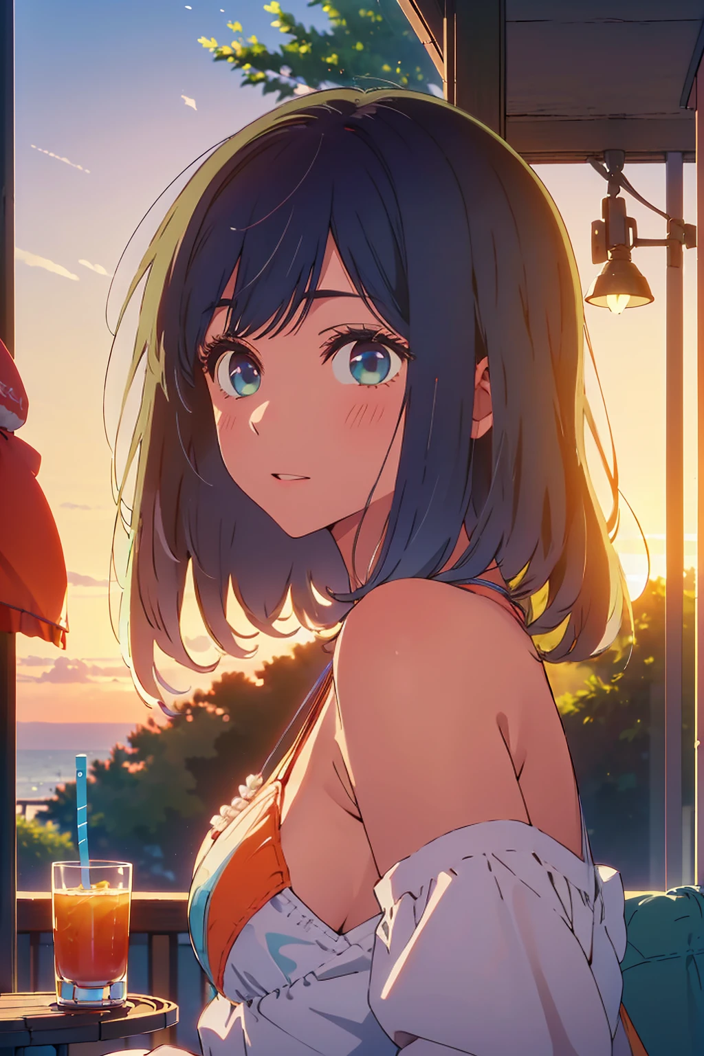 (Highest quality:1.4、masterpiece:1.4、Super detailed:1.4、8K:1.4)、F cup bust、Big Breasts、Slim body、((((1 person、Surprised expression、sit、In the background are the urban buildings of Tokyo、Looking at the camera、Outdoor café terrace、Sunset Beach、Navy hair color、Photographing the upper body、juice、table、sunset、Very cute face))))、(Plain Bikini、bikini size too small:1.4)、Big eyes、((((Shallow depth of field))))、Holding a glass