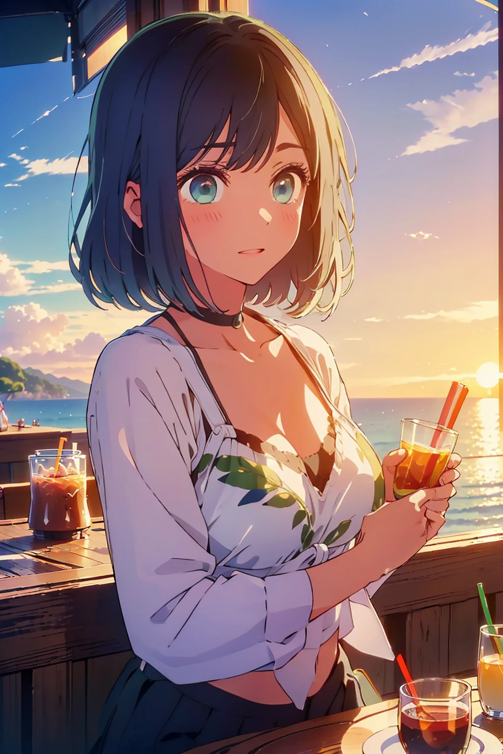 (Highest quality:1.4、masterpiece:1.4、Super detailed:1.4、8K:1.4)、((((1 person、Surprised expression、sit、Outdoor café terrace、coastal、juice、table、Sandy Beach、bikini、juiceのグラスを持つ、Big eyes、Shallow depth of field、Very cute face))))、(((bikiniサイズは小さい)))、(((sunset、Sunset)))、F cup bust、Big Breasts