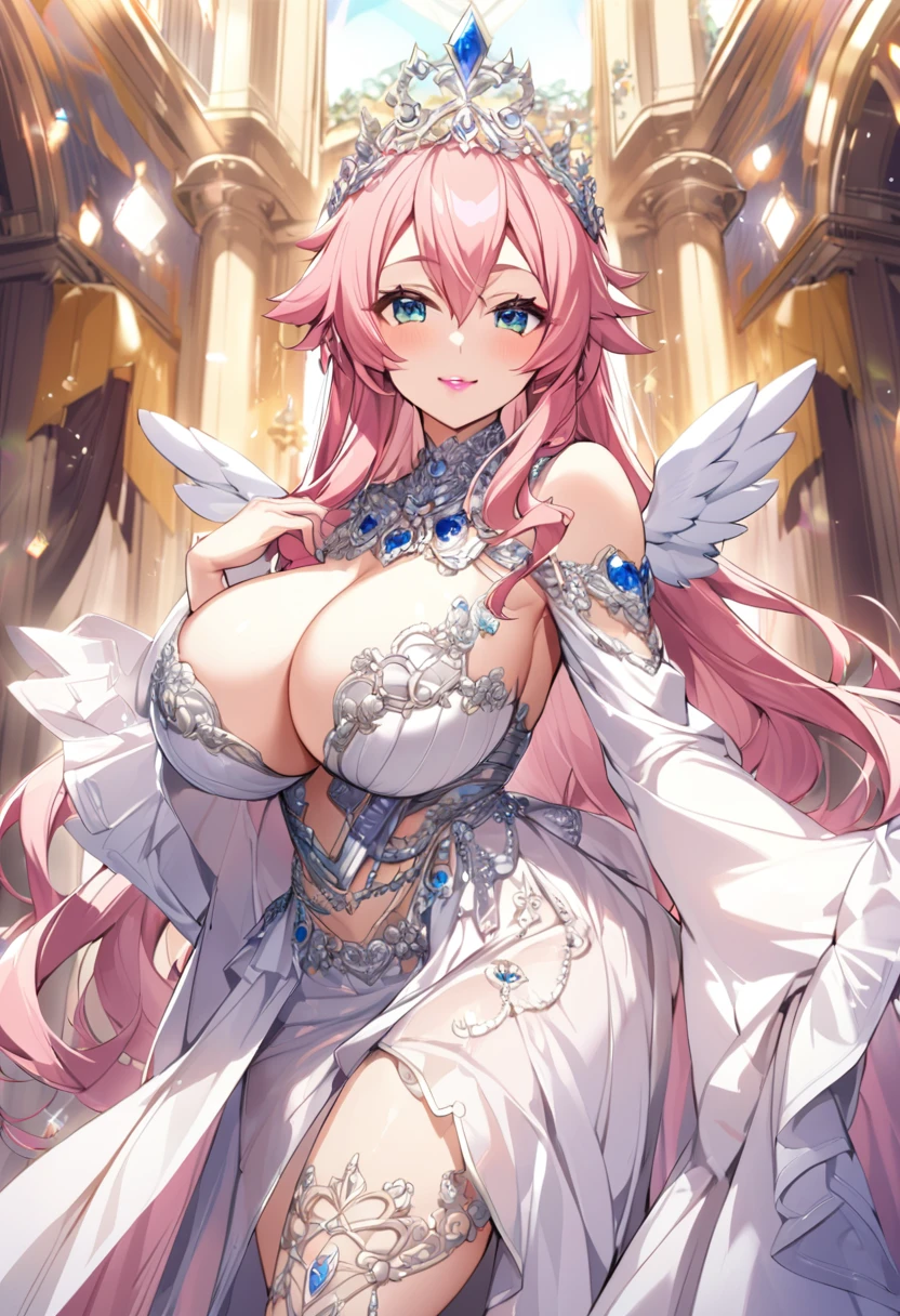 1woman, (Sinon, SAO), sexy, 25years old, beautiful face sharp, elegant woman, Ultimate perfect body style, beautiful beautiful big breasts, Maximize upturned breasts, glossy very thick lips, pink lipstick, smile:1.5, Angel costume with elaborate decorations, vibrant colors, and a skirt. The costume features delicate silver embroidery, sparkling diamonds, flowing chiffon fabric, ornate shoulder wings, a high neckline, long flowing sleeves, a jeweled waistband, a radiant halo, intricate lace patterns, a tiara adorned with sapphires, and a luxurious satin texture, 