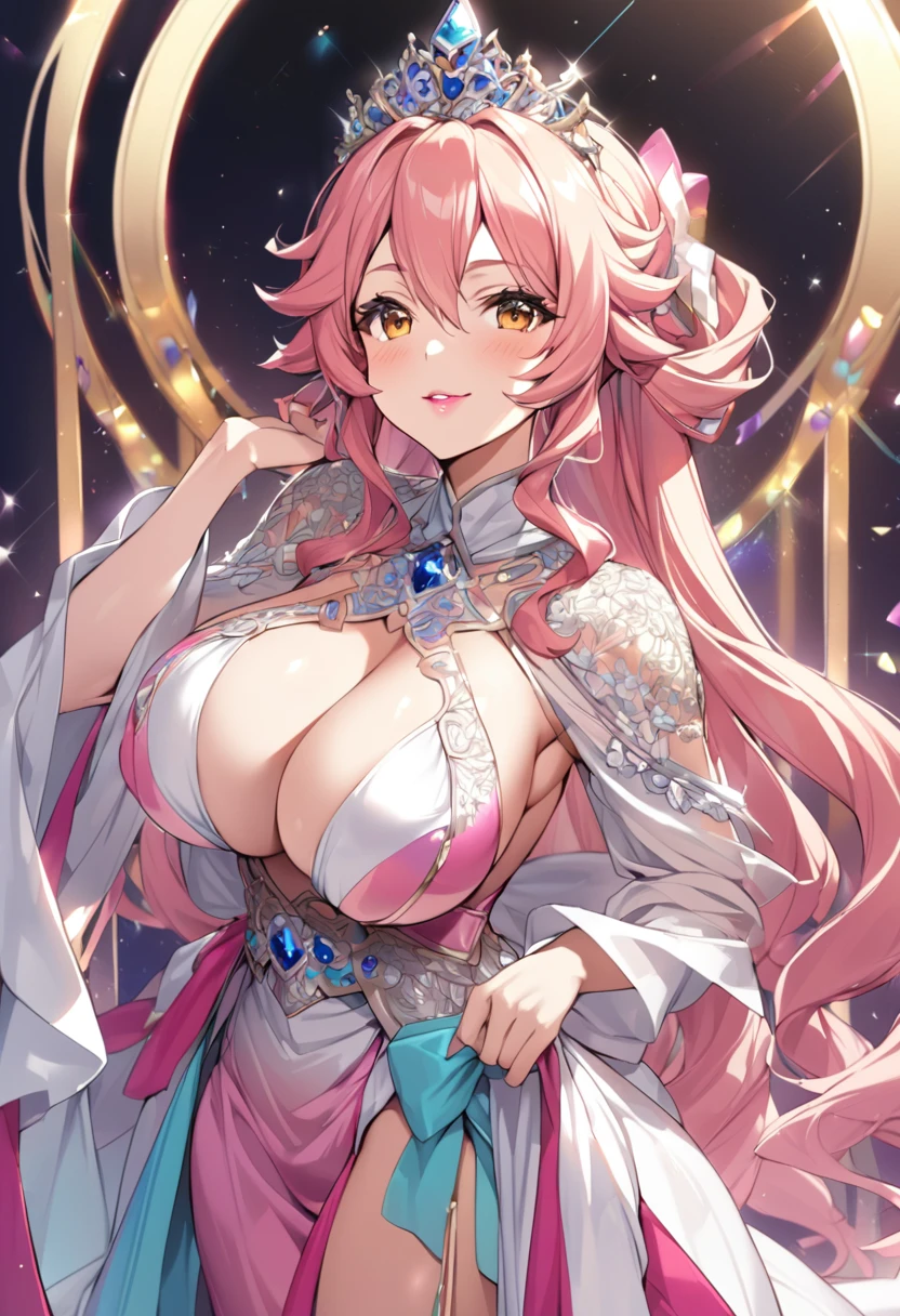 1woman, (Sinon, SAO), sexy, 25years old, beautiful face sharp, elegant woman, Ultimate perfect body style, beautiful beautiful big breasts, Maximize upturned breasts, glossy very thick lips, pink lipstick, smile:1.5, Angel costume with elaborate decorations, vibrant colors, and a skirt. The costume features delicate silver embroidery, sparkling diamonds, flowing chiffon fabric, ornate shoulder wings, a high neckline, long flowing sleeves, a jeweled waistband, a radiant halo, intricate lace patterns, a tiara adorned with sapphires, and a luxurious satin texture,