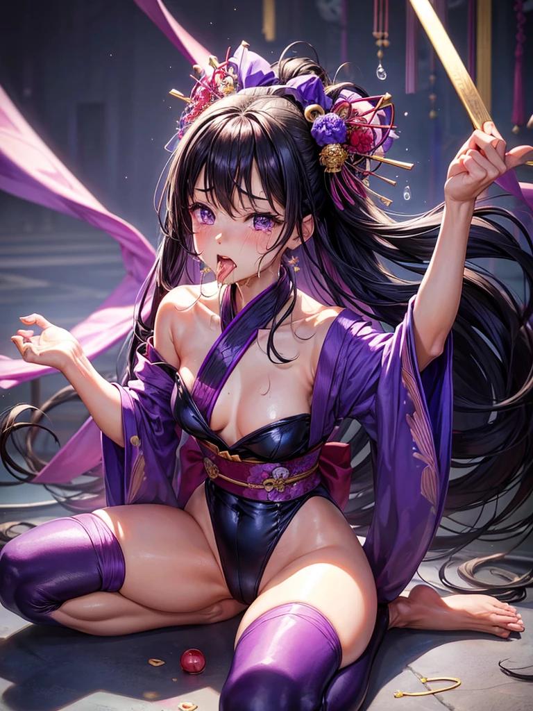 Highest quality,Highest Resolution,A crying beautiful woman in a purple kimono leotard,Black Hair,hairpin,High leg,Japanese-style room,whole body,tabi,Tears,(((Open your mouth and drool))),Very beautiful eyes,