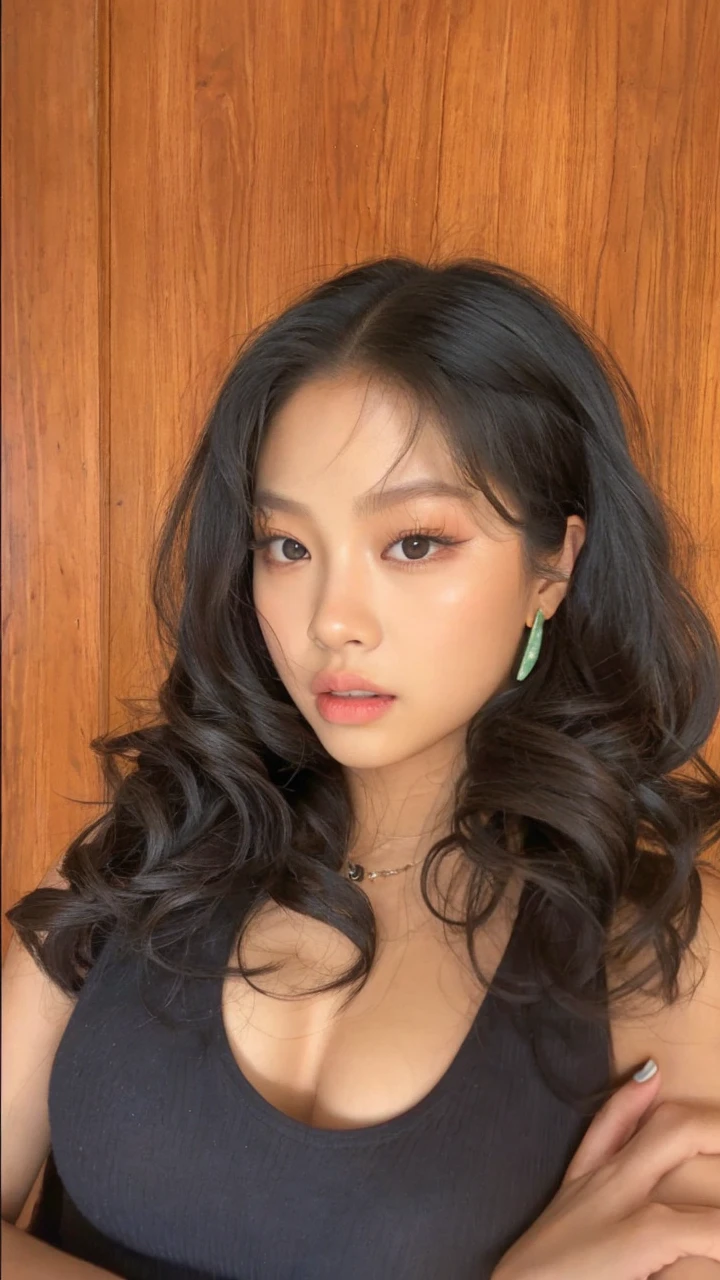 Jennie, black hair, wavy, full lips, doll lips, large eyes.