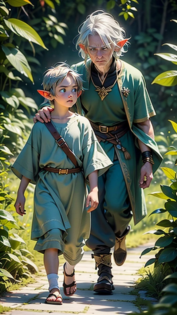 The wise old elf man, in his green robe, silver hair, and green eyes, is approached by a young elf.
The young elf has golden hair, blue eyes, and wears a simple brown tunic and trousers.
The young elf looks frustrated and the old elf man is listening attentively.