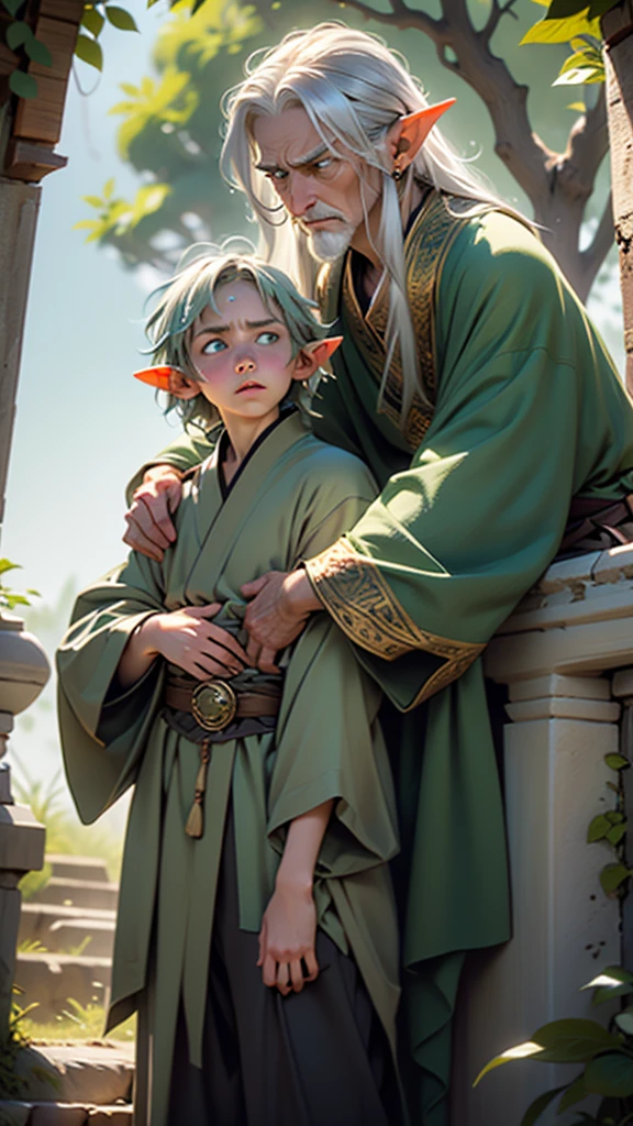 The wise old elf man, in his green robe, silver hair, and green eyes, is approached by a young elf.
The young elf has golden hair, blue eyes, and wears a simple brown tunic and trousers.
The young elf looks frustrated and the old elf man is listening attentively.