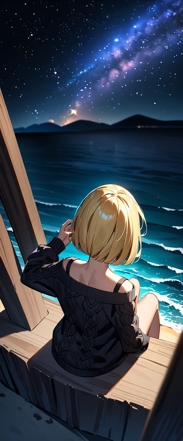 (((a beautiful starry sky, the Milky Way shining beautifully in the night))), ((bare legs)), (((sunglasses, hand to sunglasses))), ((Aran sweater)), ((((from back, from above)))), upper body, ((sitting on the very high cliff)), wavy hair, inward curled hair, sea, beach, ((blond hair, bob cut:1.3)), breasts, ager, (looking at another), oversized clothes, puffy long sleeves, ((off-shoulder sweater:1.3, Quite thick shoulder straps)), ((black sweater)), collarbone, head tilt:1.3, (((blue eyes))), happy smile, (((anime style))), (best quality, 4K, 8K, highres, masterpiece:1.2, ultra-detailed, ultra-detailed eyes, HDR, uhd, studio lighting, ultra-fine painting, sharp focus, physically-based rendering, extreme detail description, professional, vivid colors, bokeh)